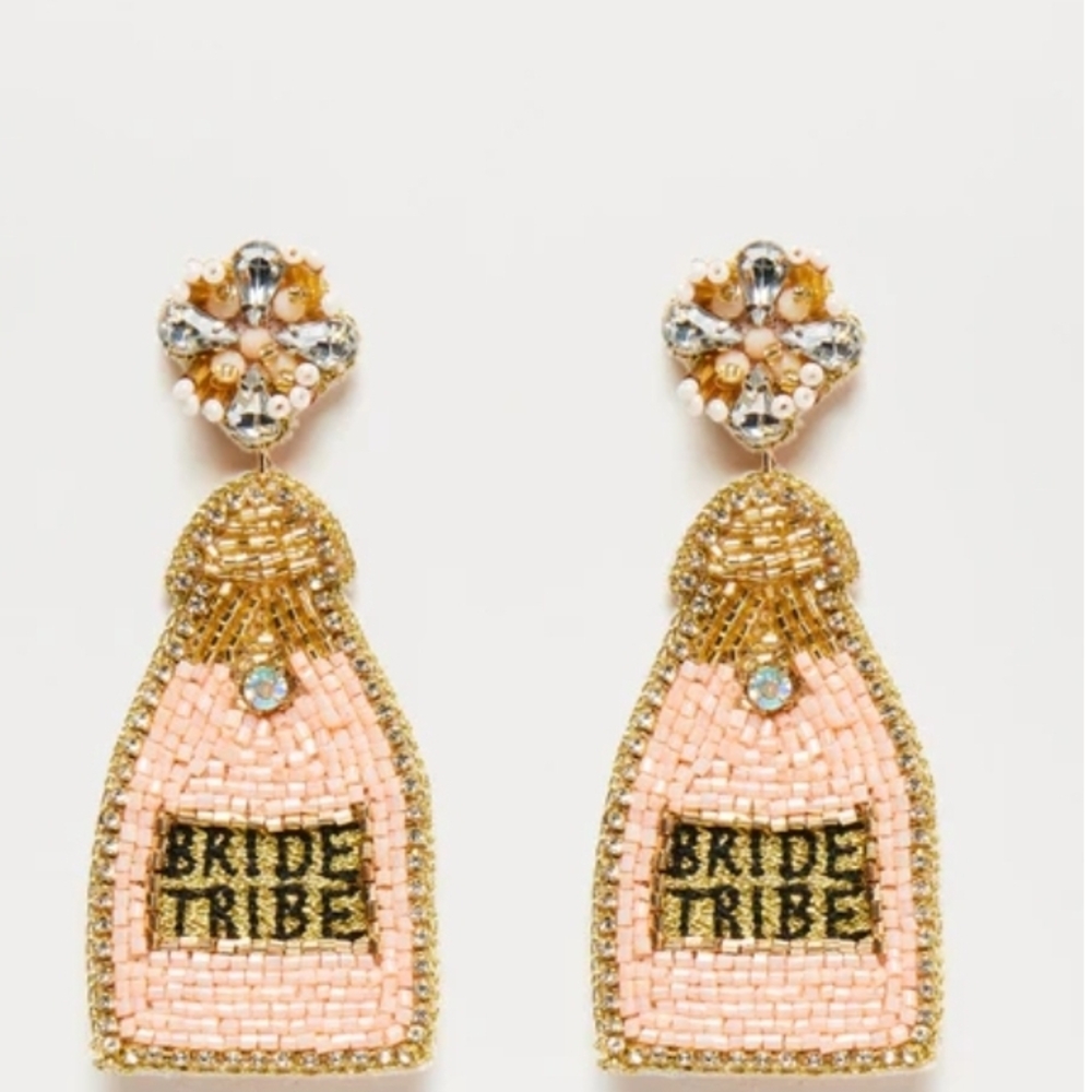 Gold and Pink Beaded 'Bride Tribe' Earrings